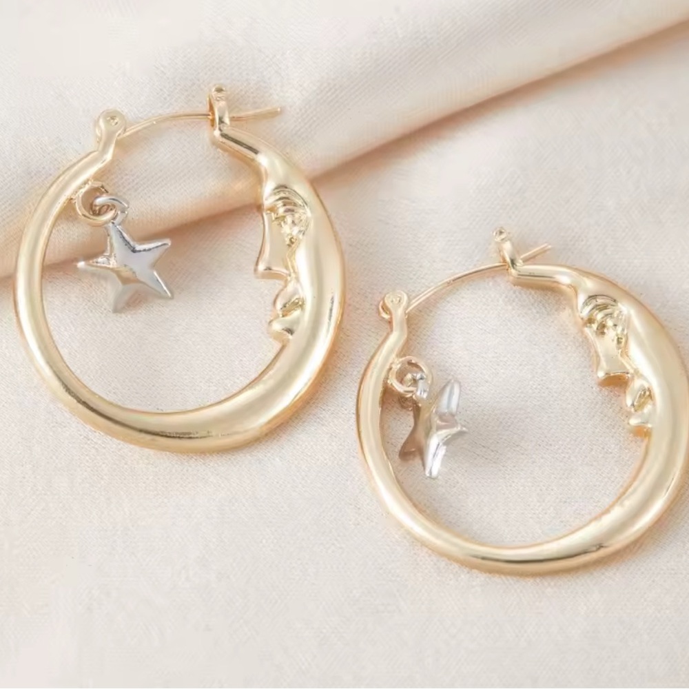 Moon Gold Hoop Earrings with Silver Star Charm - Picture 5 of 6